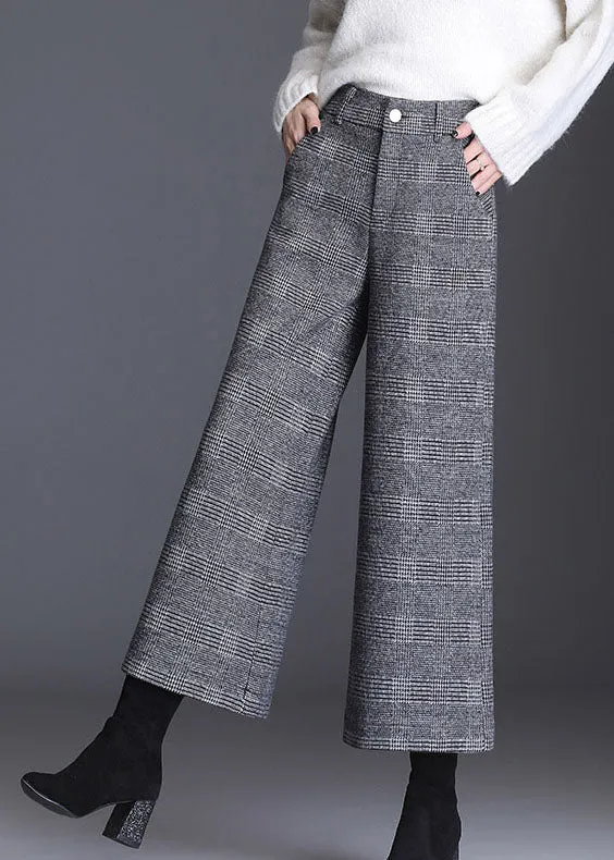 Italian Grey Plaid Pockets Casual Straight Fall Pants