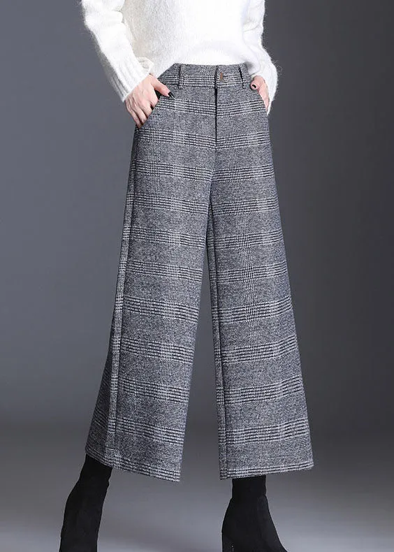 Italian Grey Plaid Pockets Casual Straight Fall Pants