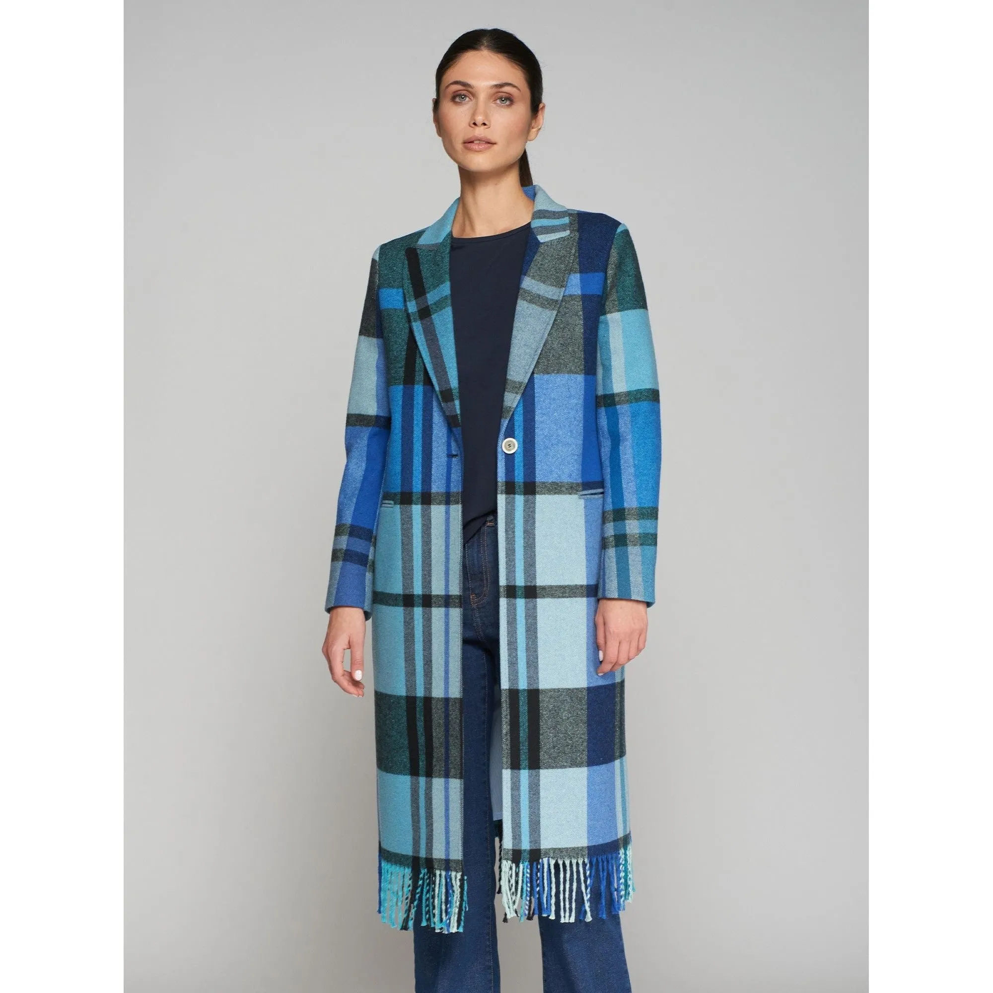 Katherin Checked Fringed Detail Wool Mix Coat Blue Check