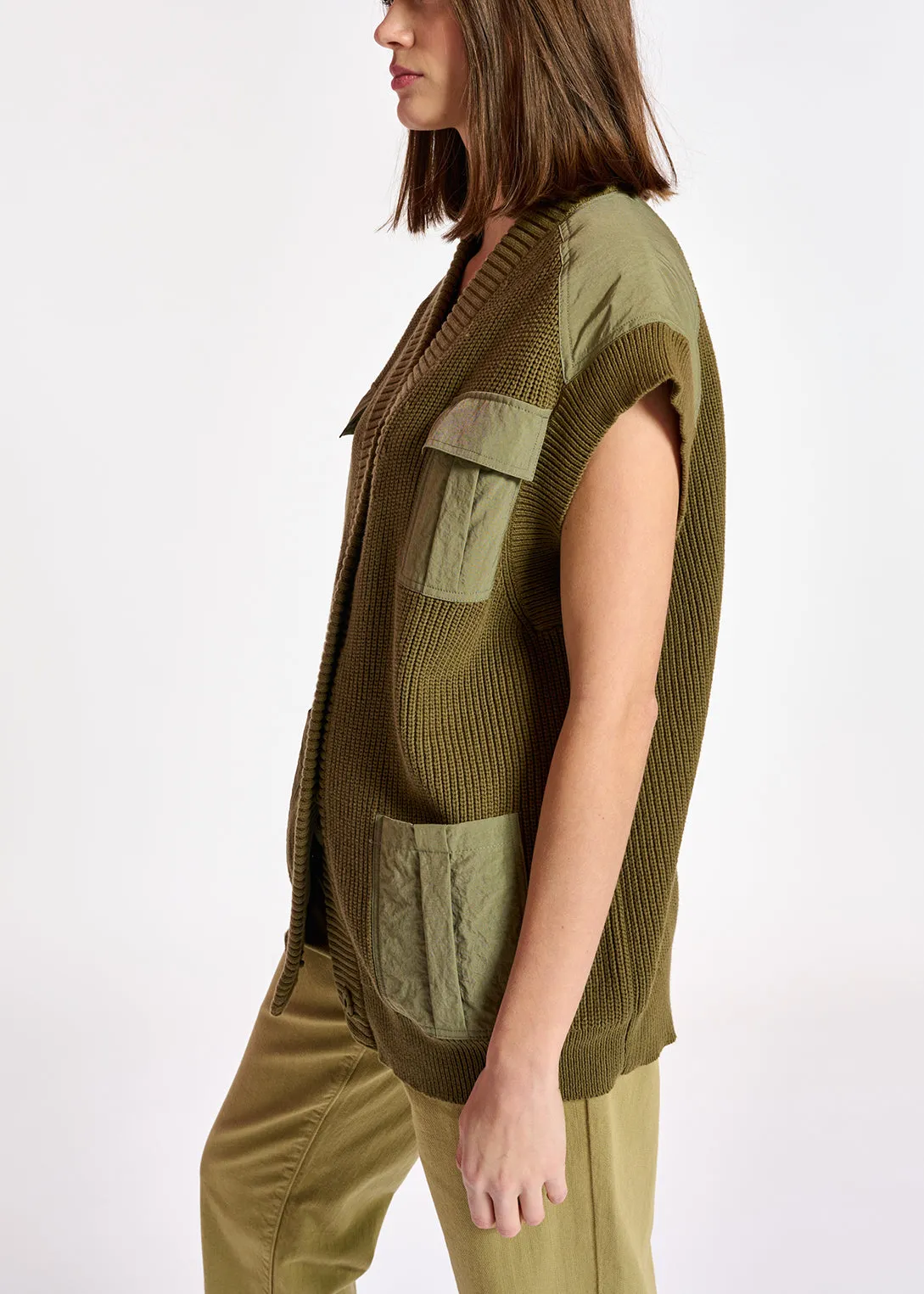 Khaki sleeveless utility-inspired cardigan