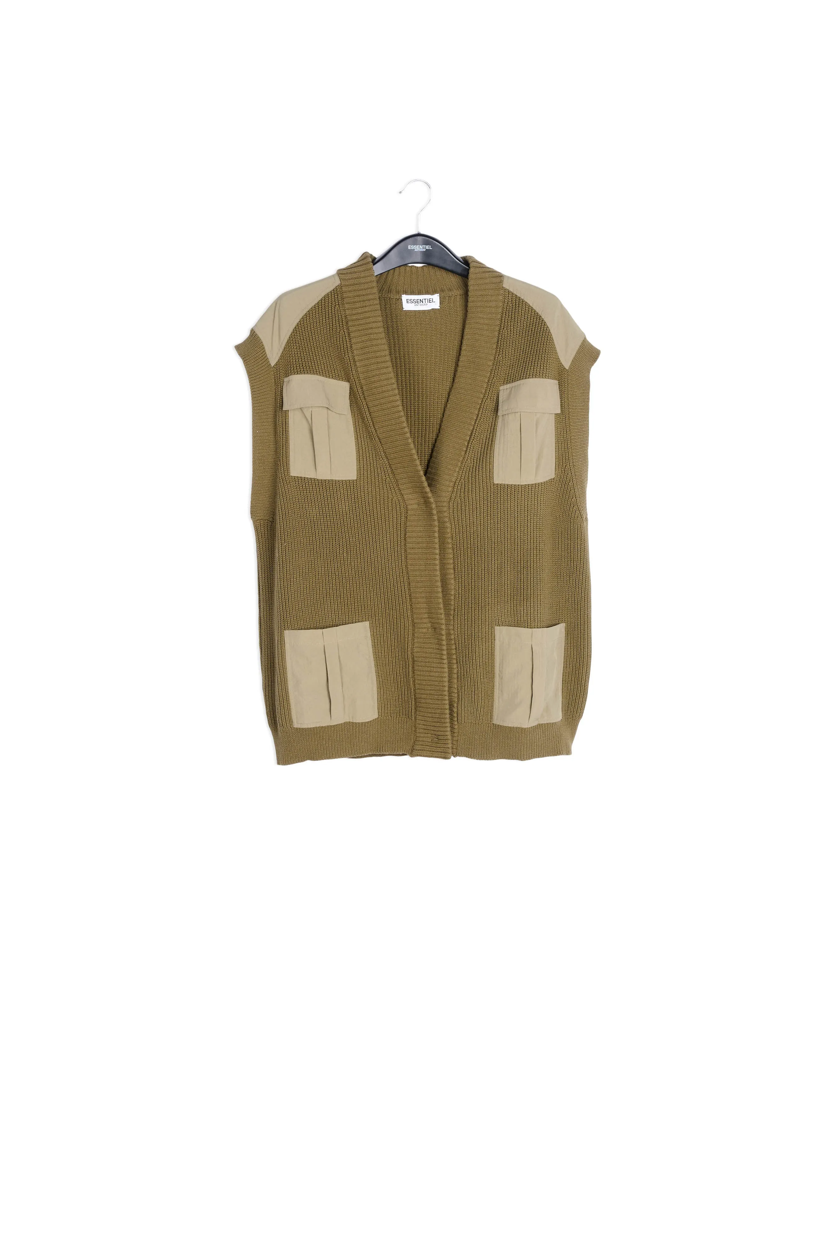 Khaki sleeveless utility-inspired cardigan