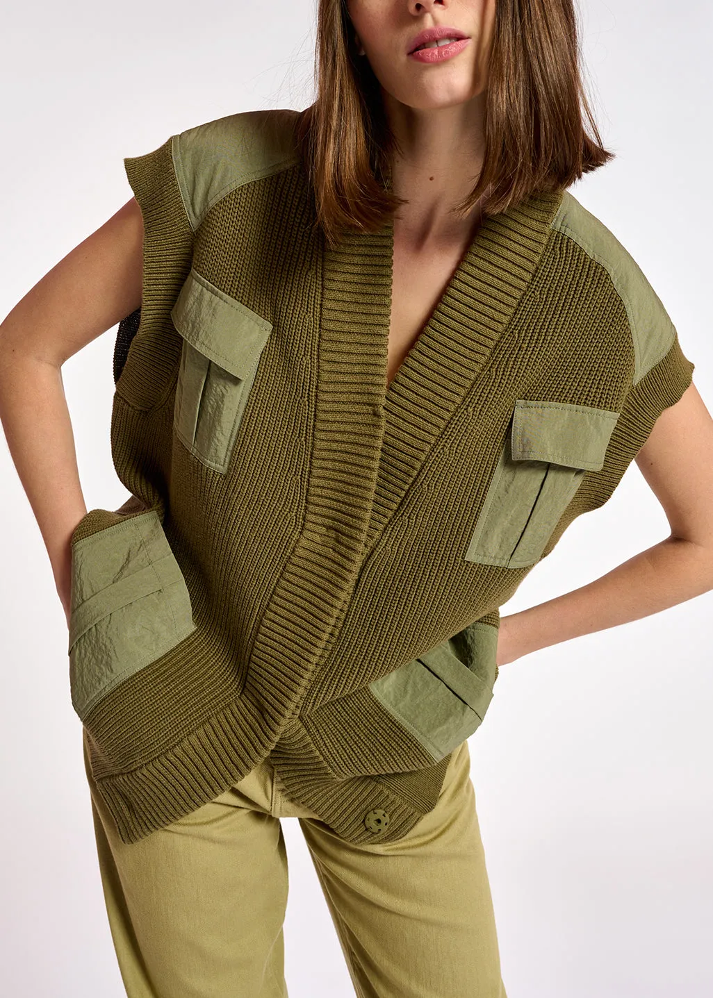 Khaki sleeveless utility-inspired cardigan