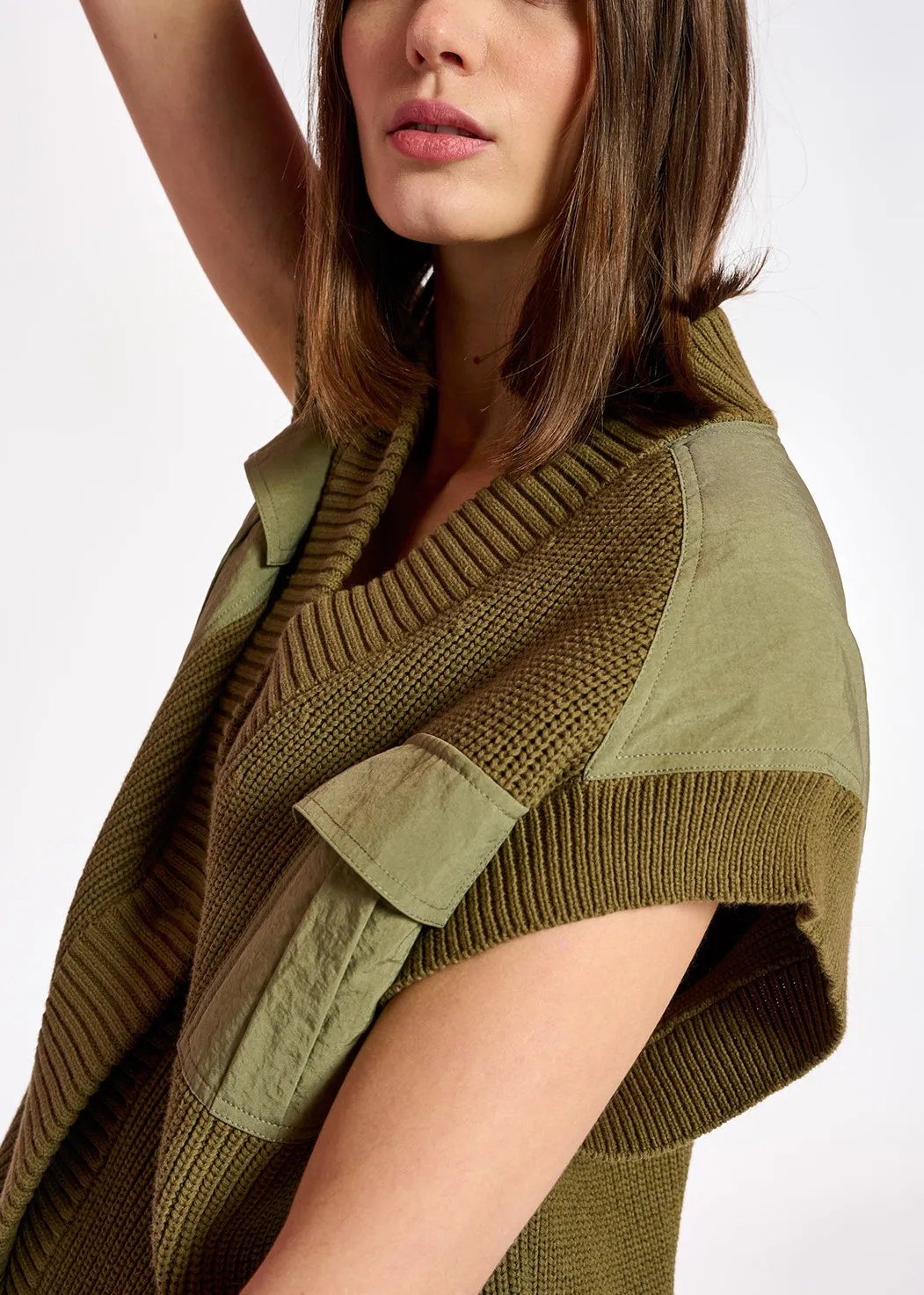 Khaki sleeveless utility-inspired cardigan