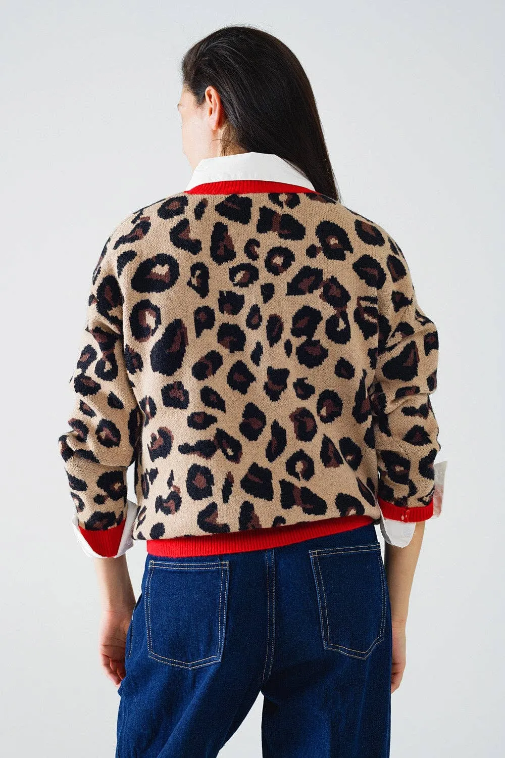 Leopard sweater with red detail on the neck and sleeves