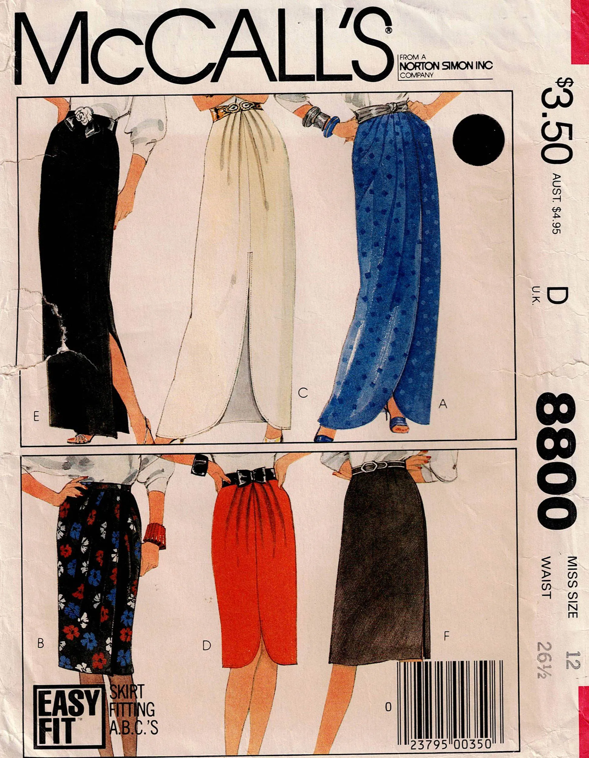 McCall's 8800 Womens Tulip Hem Pleated Wrap Skirts 1980s Vintage Sewing Pattern Size 12 Waist 26.5 inches