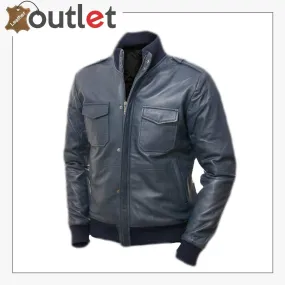 Men Blue Bomber Leather Jacket