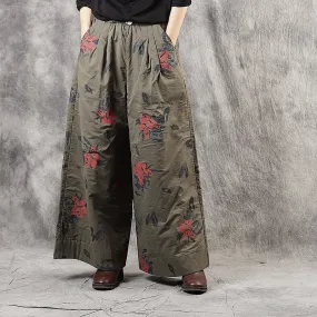 Modern Army Green Pockets Tie Waist Print Fall Wide Leg Pants