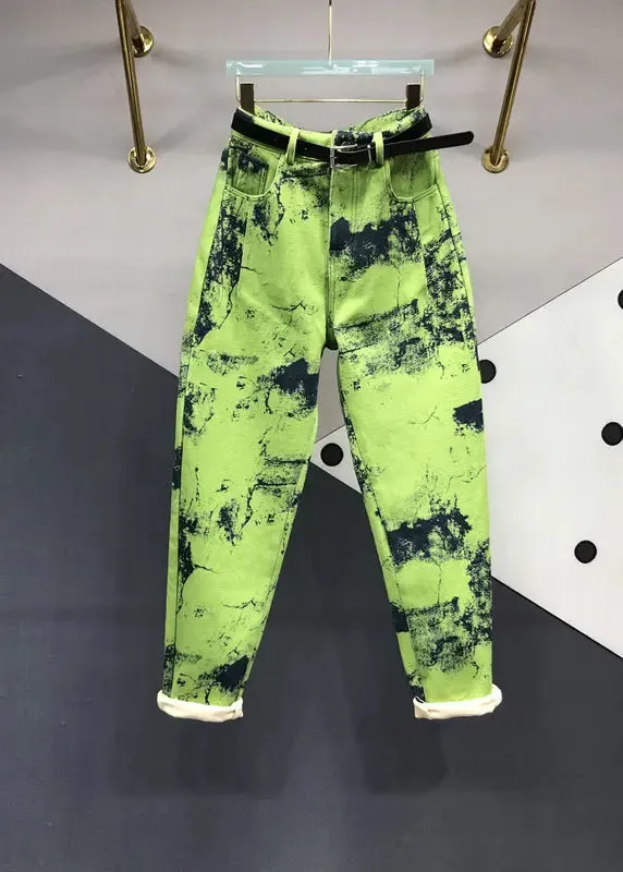 Modern Green Tie Dye Pockets Patchwork Denim Pants Fall ML0799