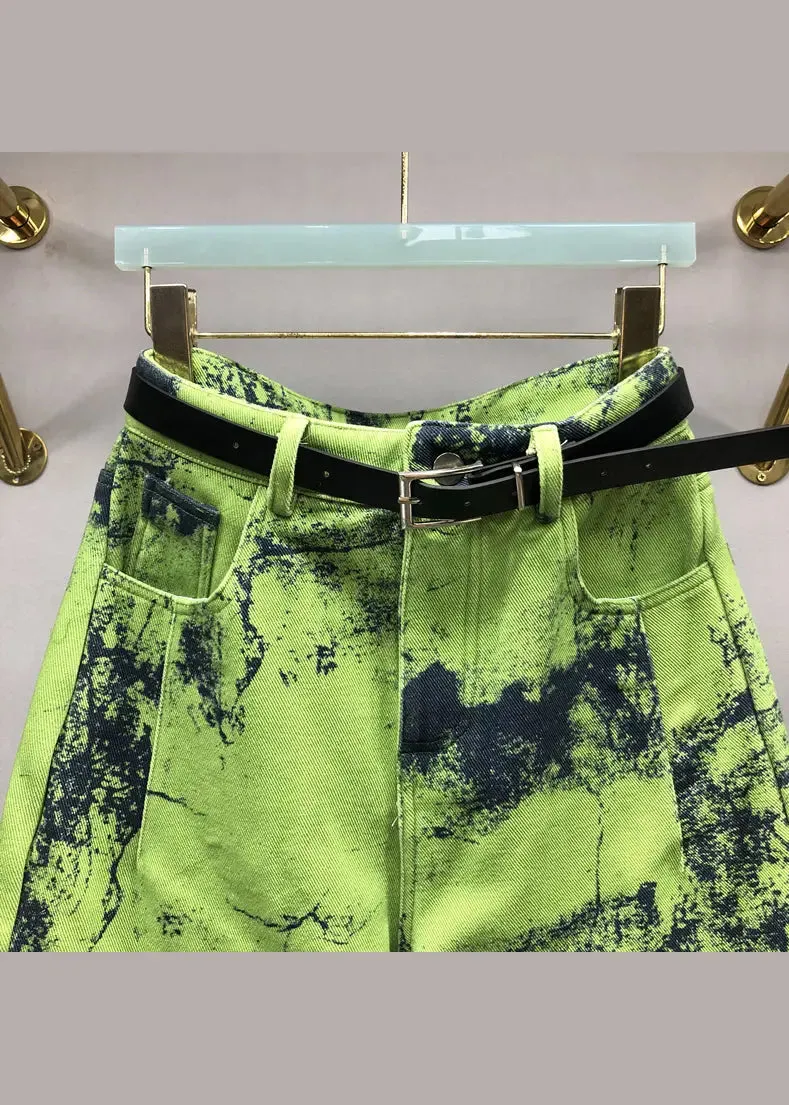 Modern Green Tie Dye Pockets Patchwork Denim Pants Fall ML0799