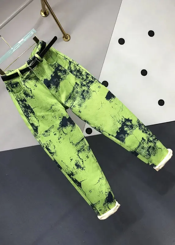 Modern Green Tie Dye Pockets Patchwork Denim Pants Fall ML0799