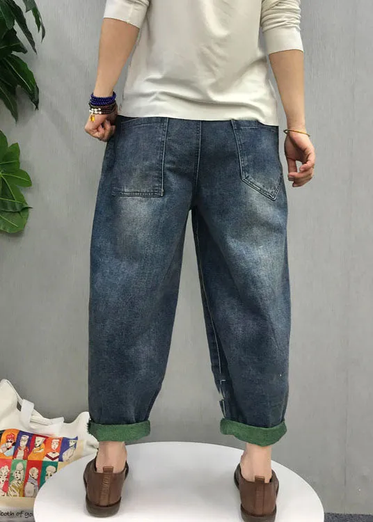 Organic Blue patch applique  denim Pants Spring