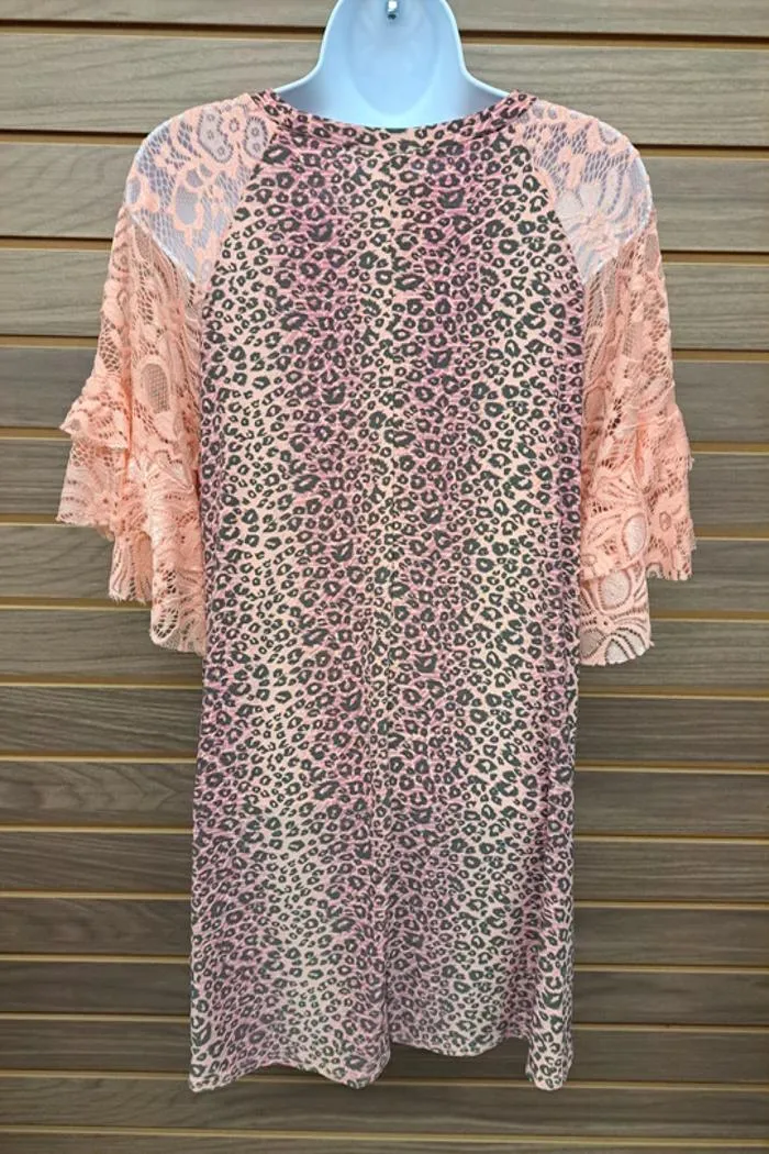 Pink Leopard Lace Bell Sleeve Blouse