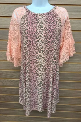 Pink Leopard Lace Bell Sleeve Blouse