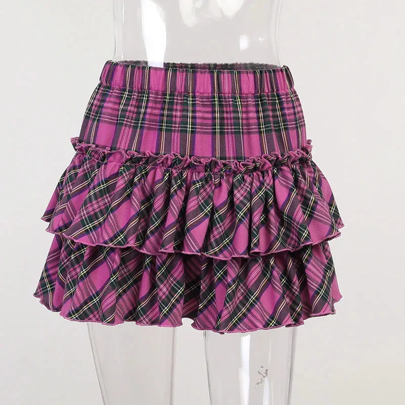 Pink Plaid College Waist Japanese Slim High Girl Youth Skirt