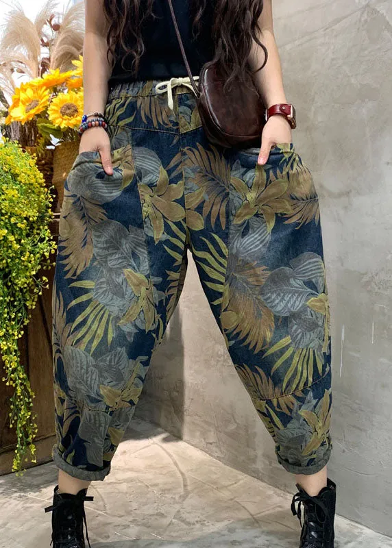 Plus Size Blue Cinched Print Patchwork denim Pants Spring