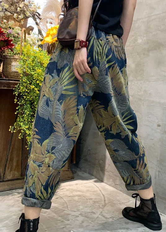 Plus Size Blue Cinched Print Patchwork denim Pants Spring