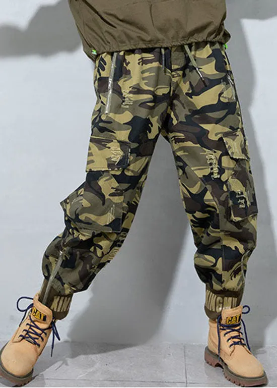 Plus Size Camouflage hole drawstring Pockets Pants Spring