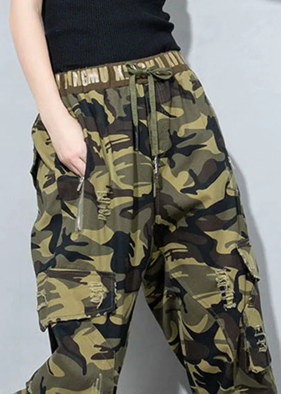 Plus Size Camouflage hole drawstring Pockets Pants Spring