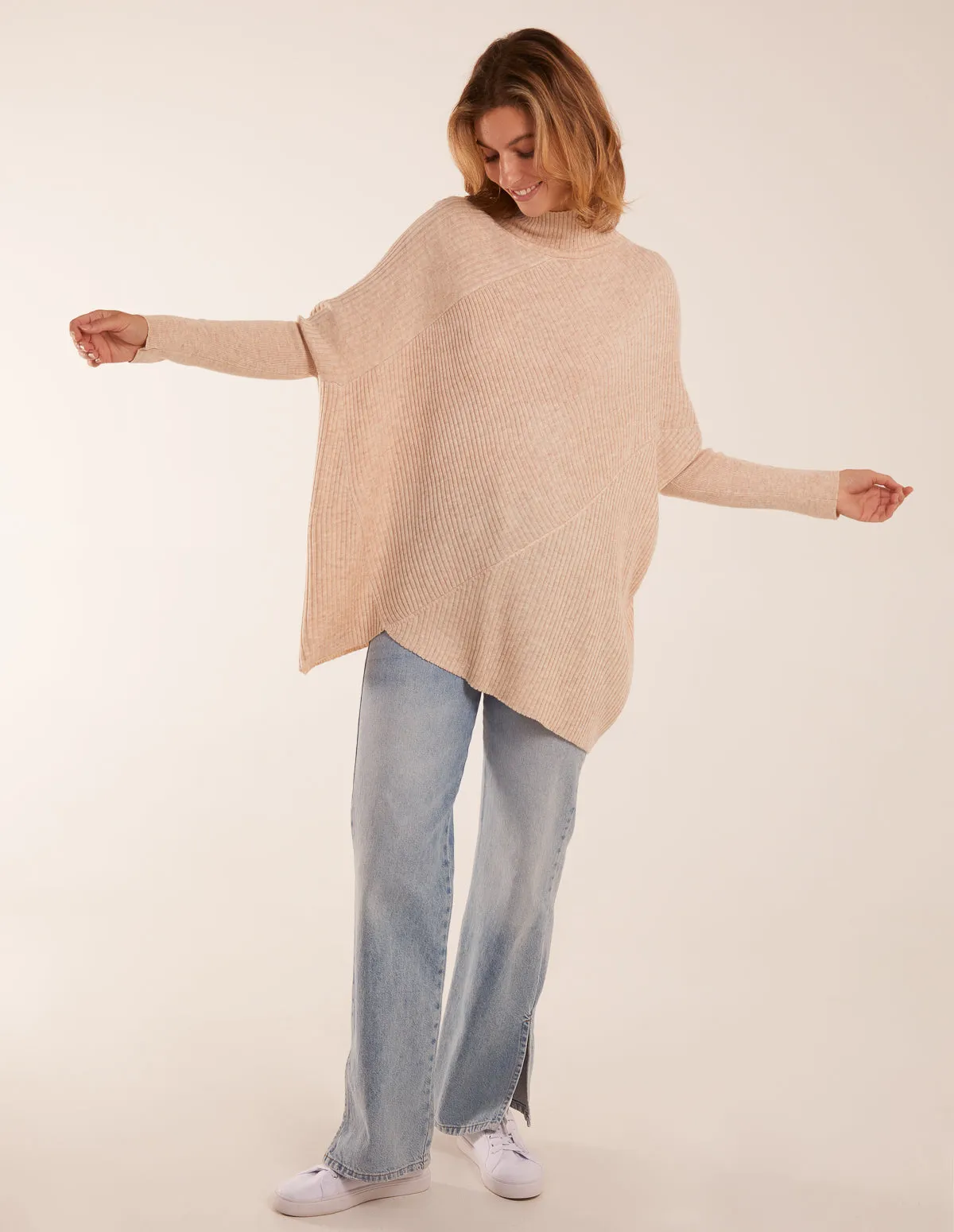 Ribbed Cross Over High Neck Jumper