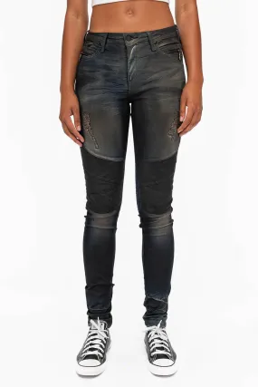 ROBIN'S WOMENS SKINNY MOTO JEANS IN TAR BROKEN