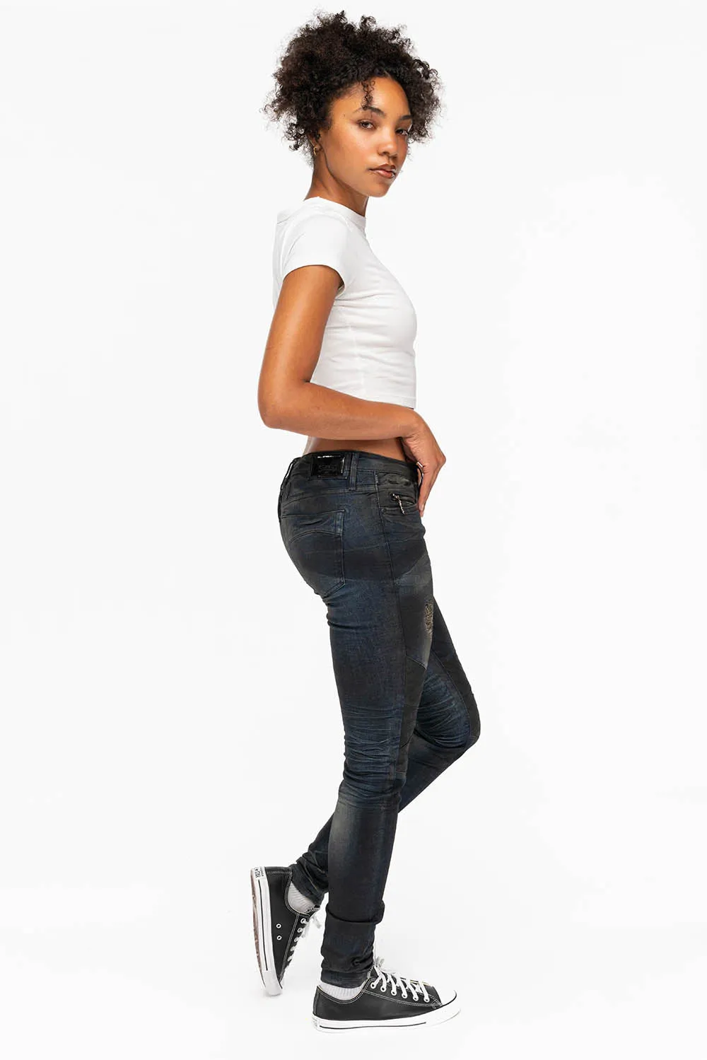 ROBIN'S WOMENS SKINNY MOTO JEANS IN TAR BROKEN