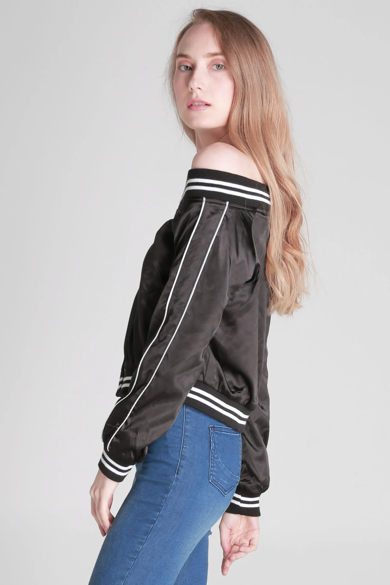  Satin Off-shoulder Bomber Jacket