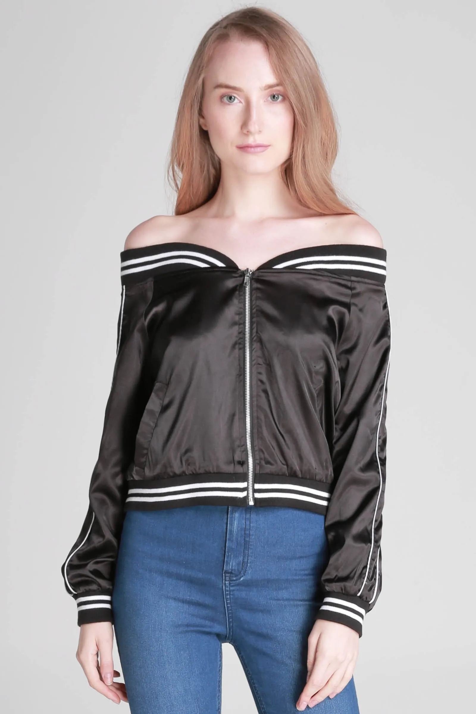  Satin Off-shoulder Bomber Jacket