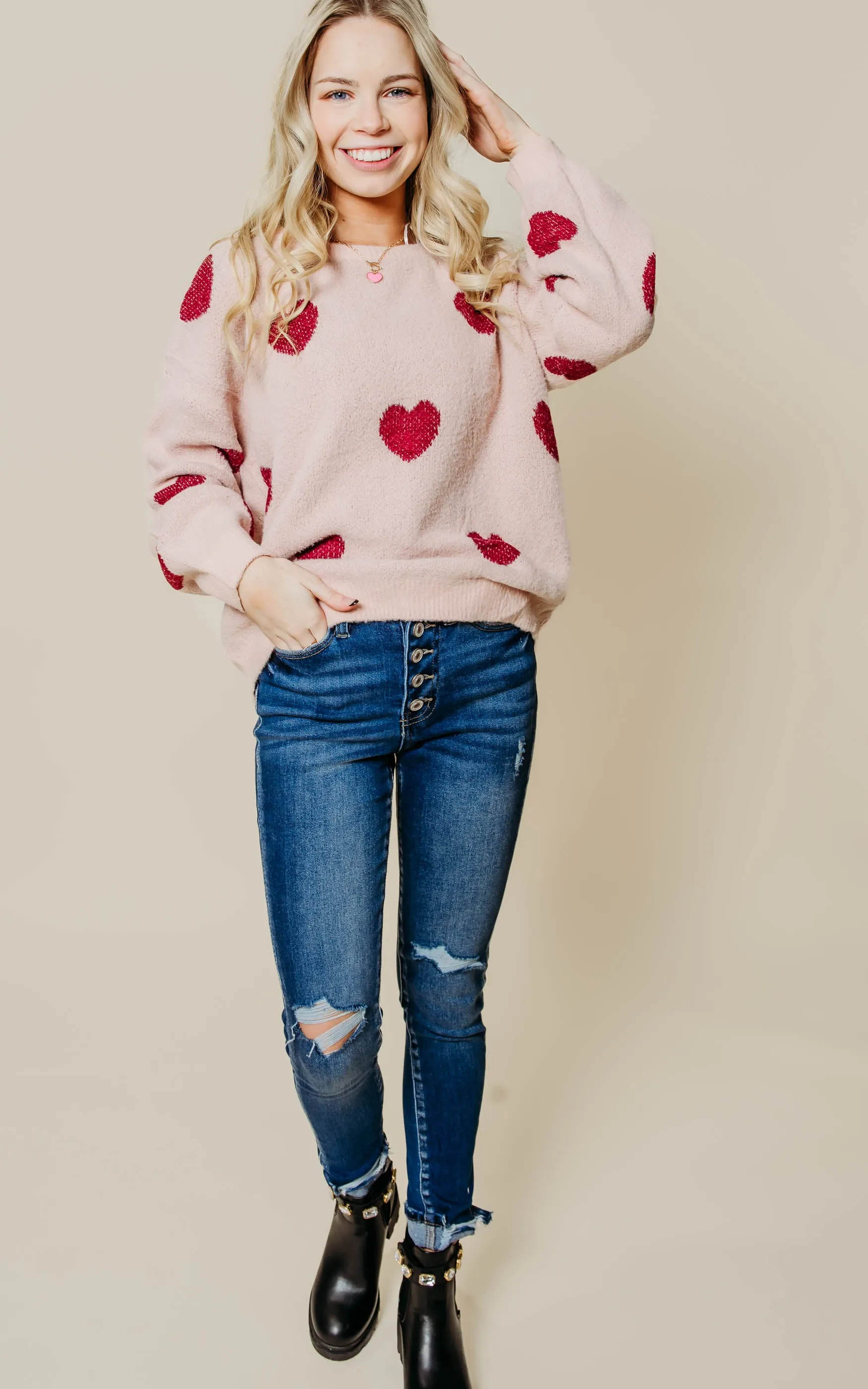 SUPER SOFT BABY PINK HEART SWEATER - Final Sale