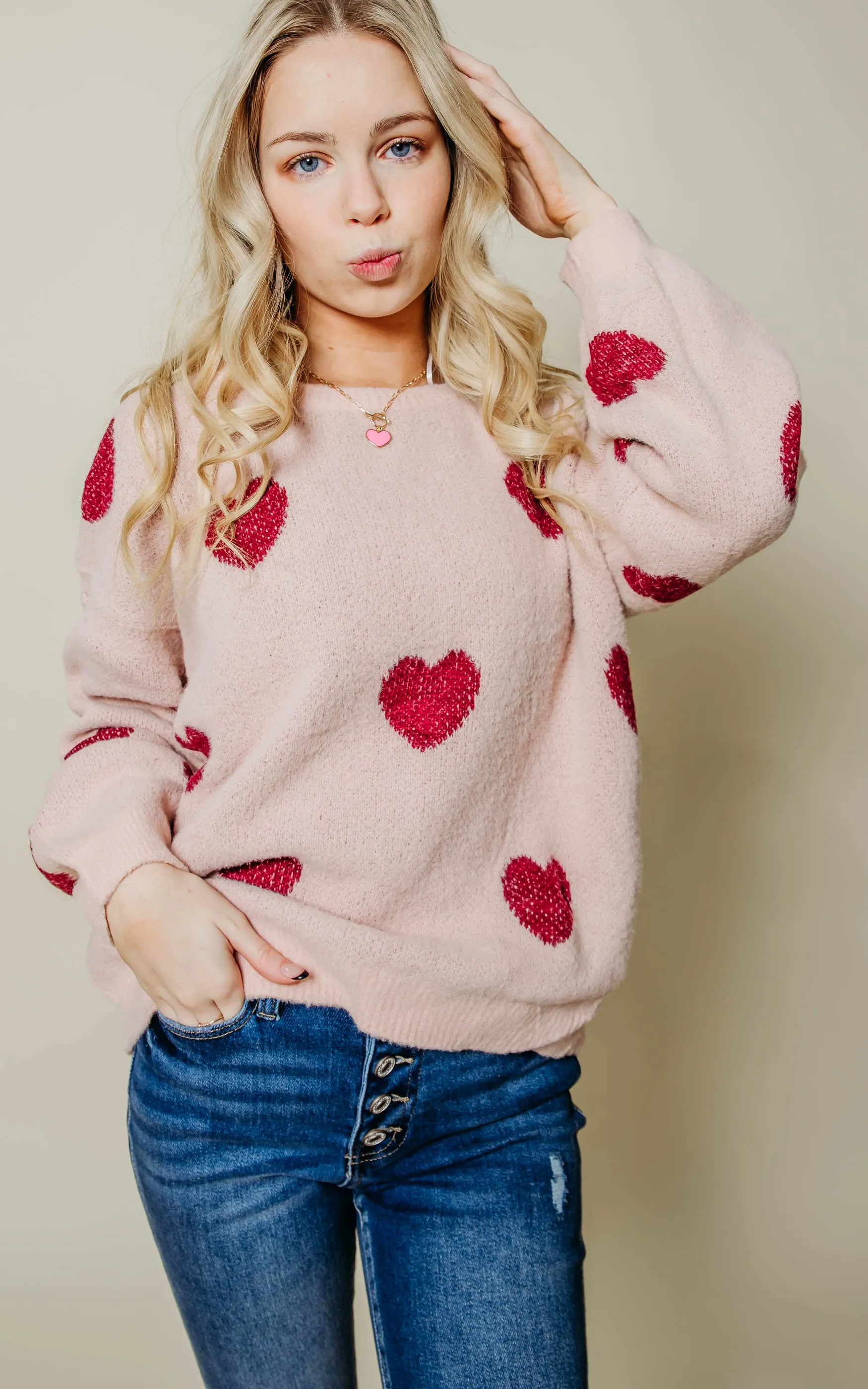 SUPER SOFT BABY PINK HEART SWEATER - Final Sale