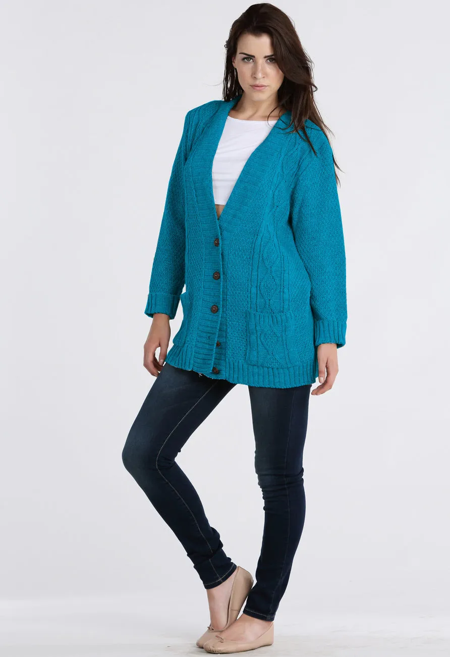 Teal Chunky Cable Knit Pocket Cardigan