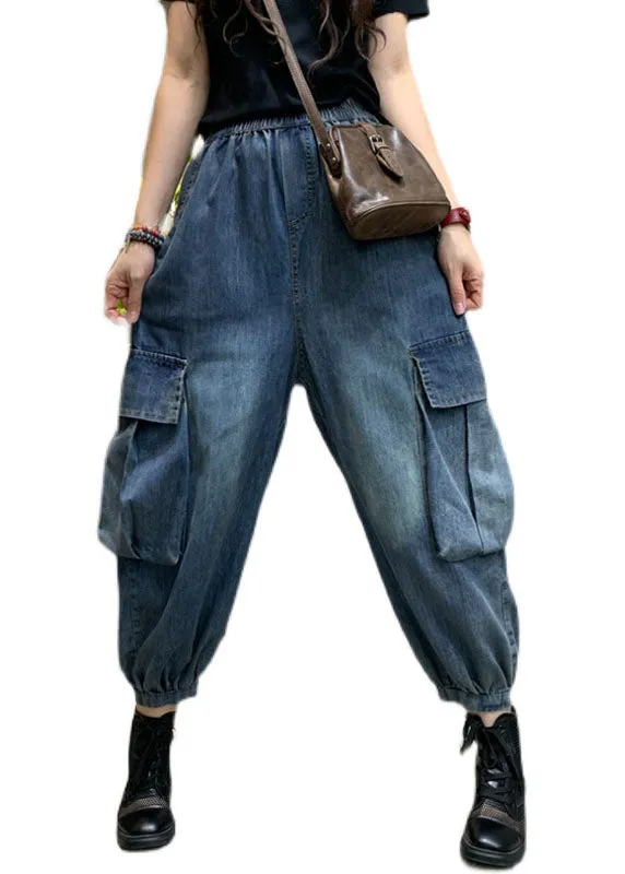 Unique Blue Pockets denim lantern Pants Spring