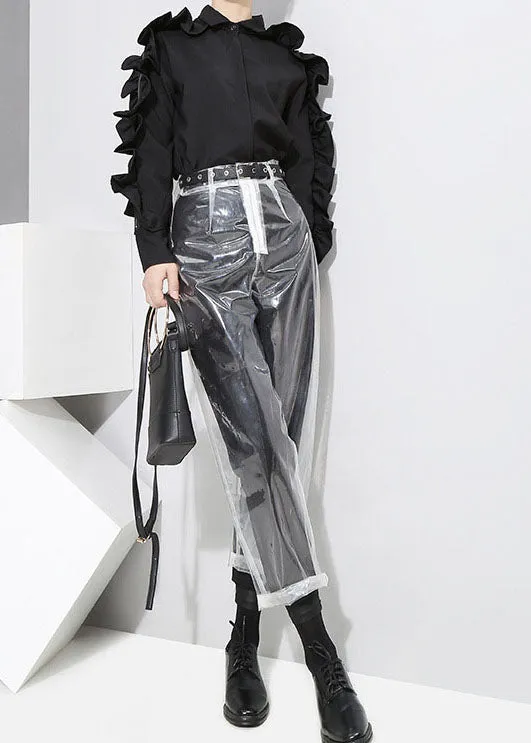 Unique White Hollow Out Zip Up Faux Leather Pants Spring