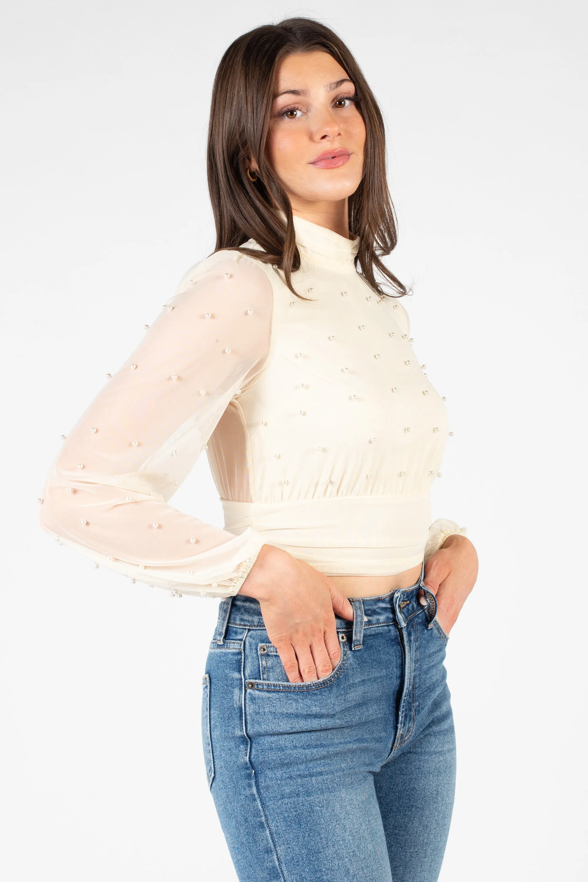 Wilhelmina Pearl Embellished Mesh Blouse