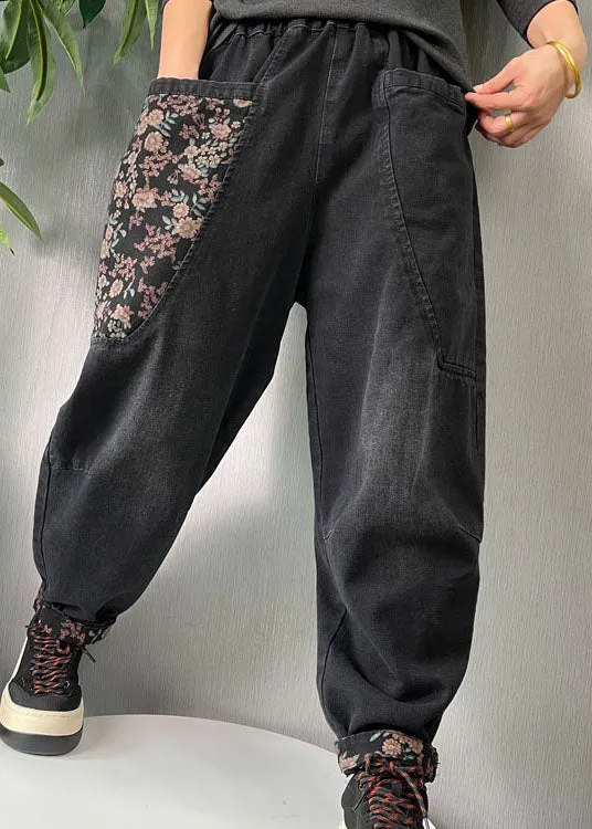 Women Black Embroideried Pockets denim Pants Spring