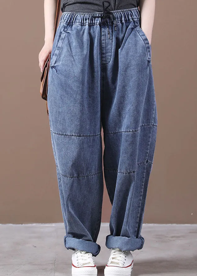 Women Blue Cinched Pockets denim Pants Spring