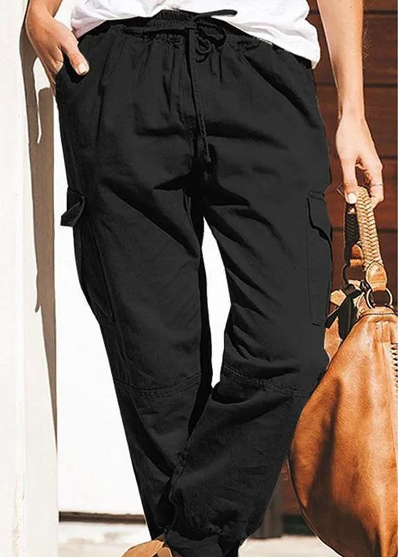 Women Solid Color Cotton Pockets Overalls Trouser Pants