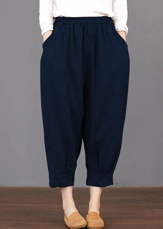 Women Solid Color Elastic Waist Loose Cotton Pants